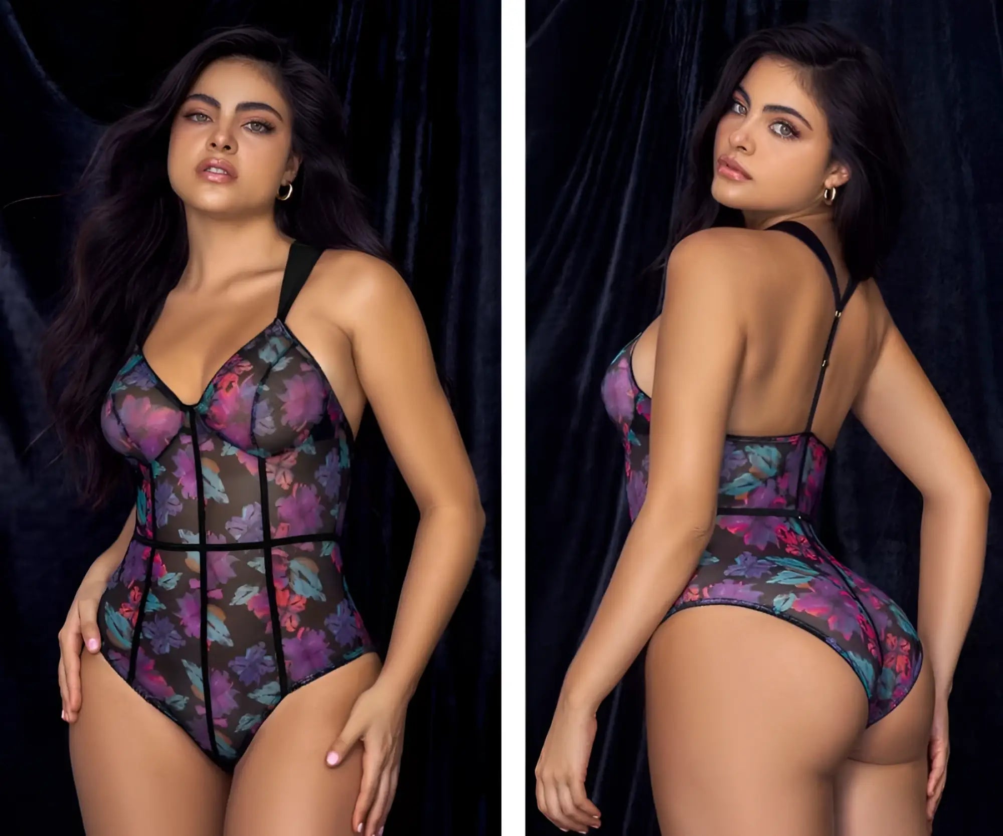 Mapale 8775 teddy color dream flower print sheer black bodysuit with vibrant purple pink teal floral pattern and black lace-up front