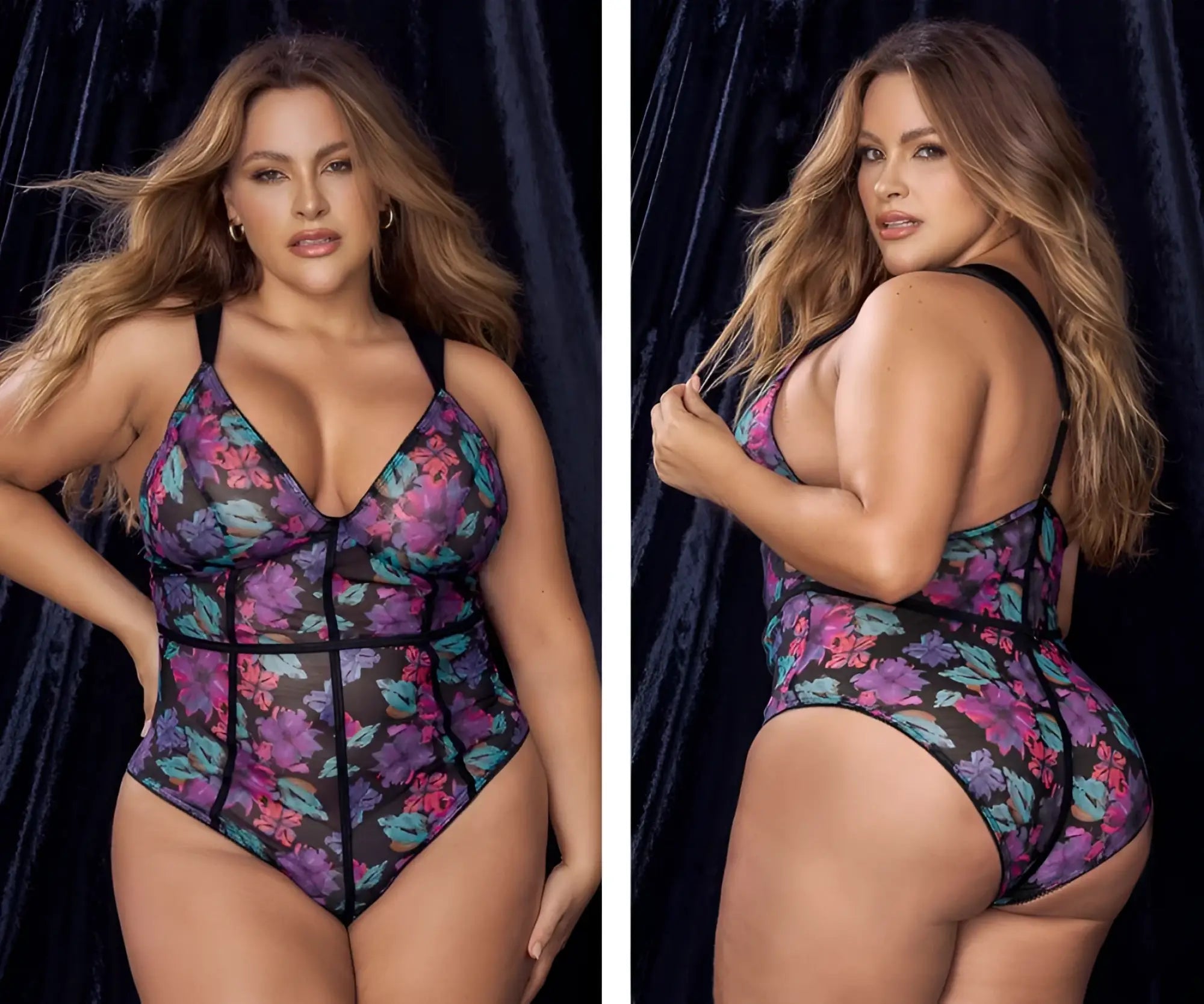 A plus-size mapale 8775x teddy one-piece bodysuit with vibrant purple pink and teal floral print on sheer black mesh