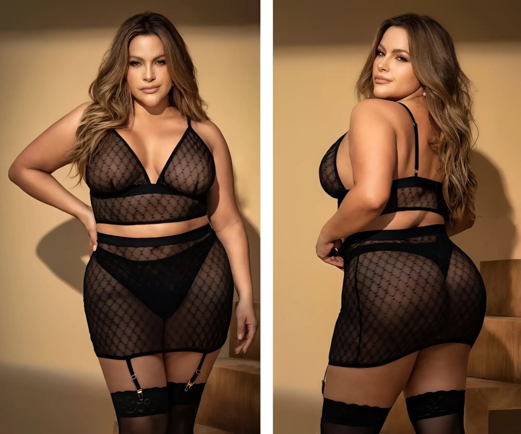 Black mesh lingerie three piece set by mapale 8776x with diamond-patterned design and lace trim