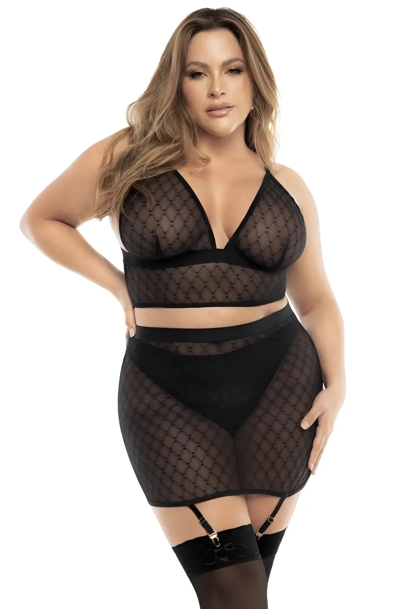 Black sheer mesh lingerie set with diamond pattern and matching garter belt mapale 8776x three piece set
