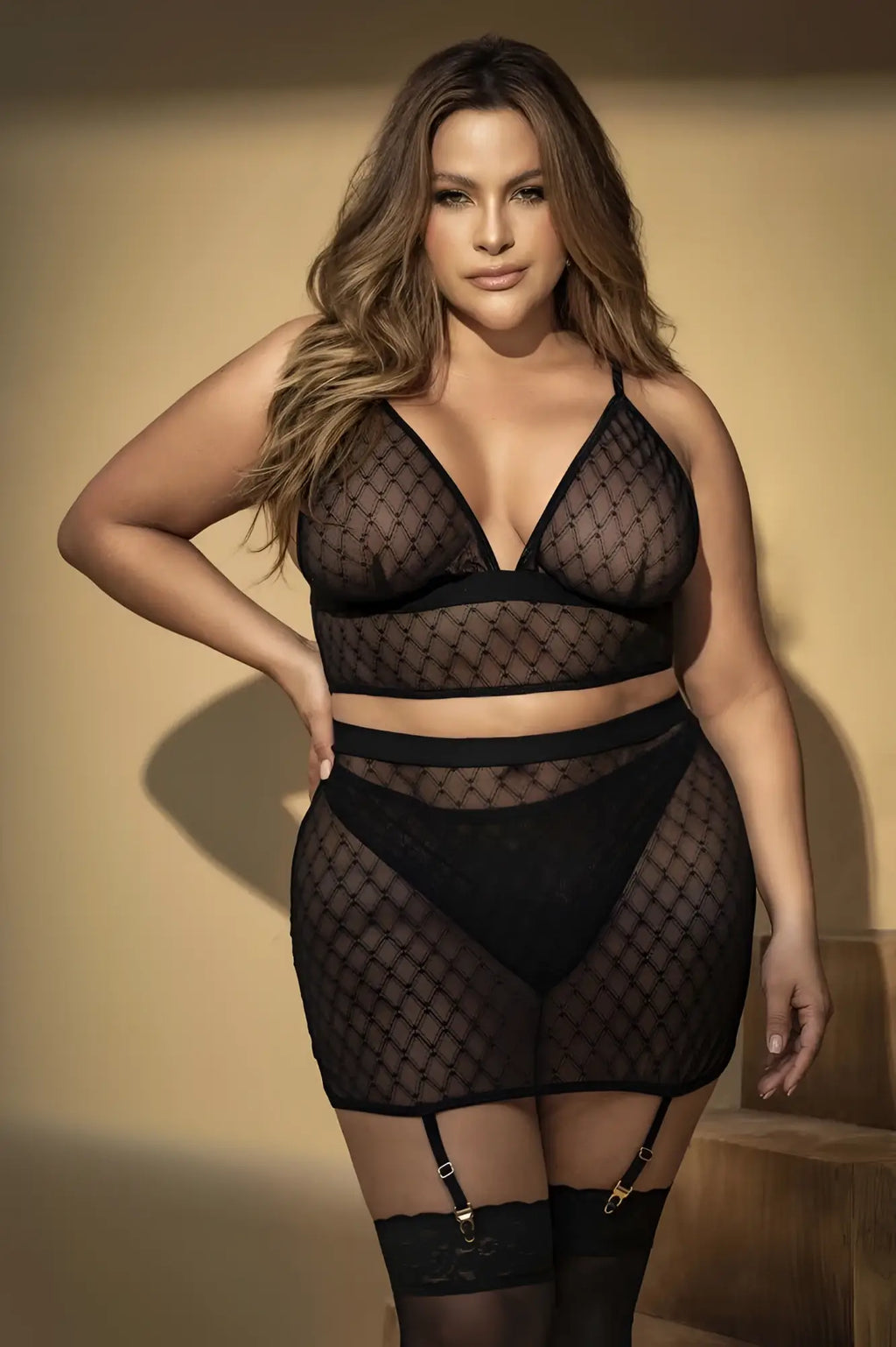Mapale 8776x three piece black sheer mesh lingerie set with diamond pattern and lace trim