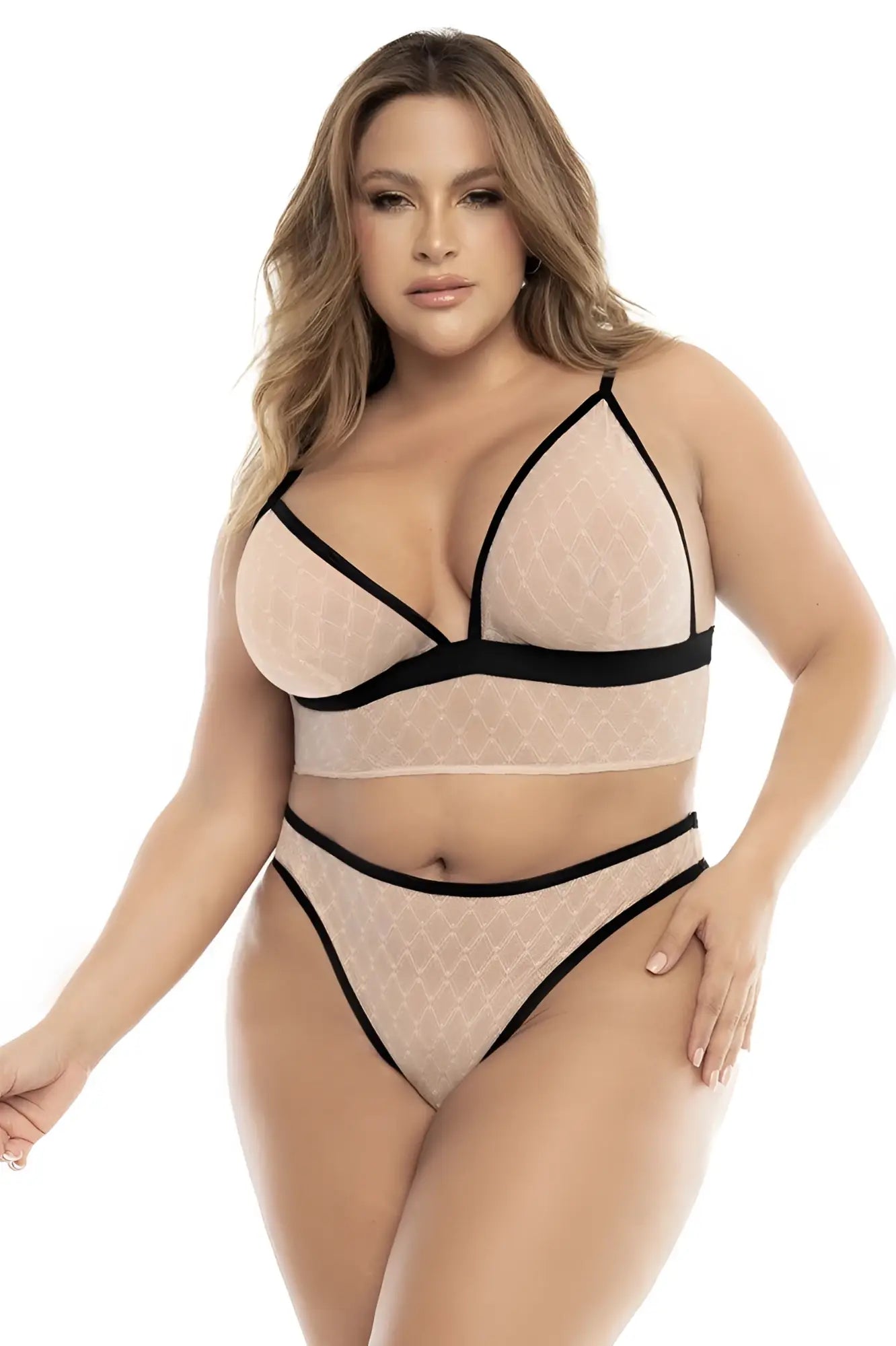 Mapale 8776x three piece set with beige lace bra and high-waisted panties with black trim in nude black color