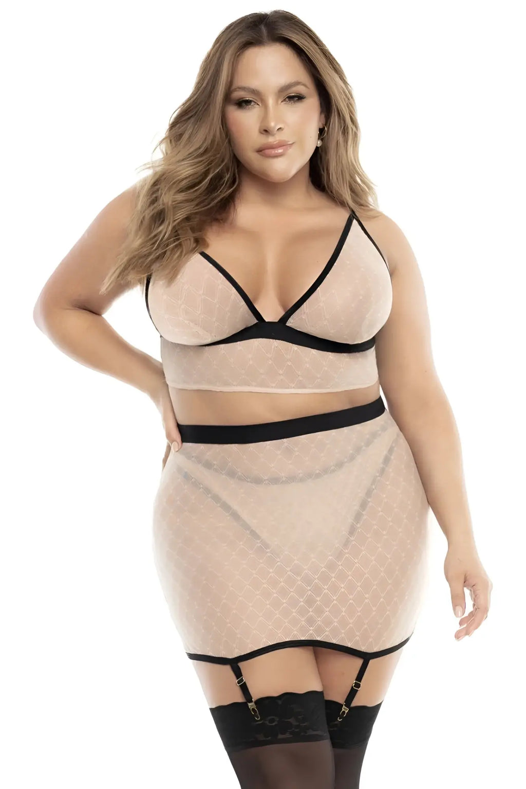 Beige sheer mesh two-piece lingerie set with black trim and lace detailing from Mapale 8776X three piece set nude-black