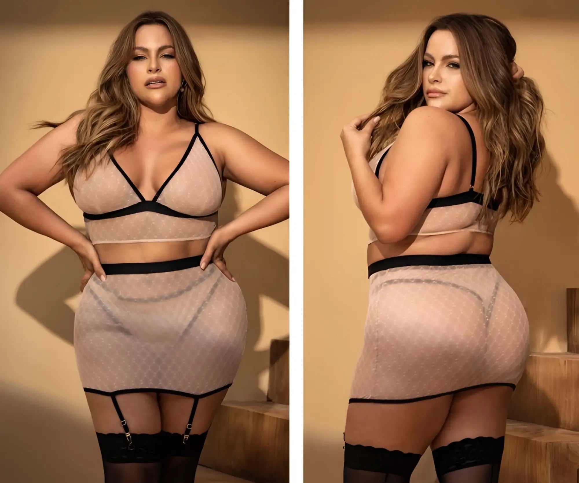 A plus-size woman models the mapale 8776x sheer nude lingerie set with black lace trim and matching garter belts