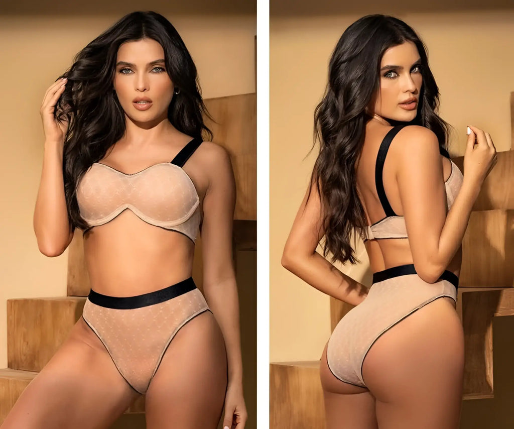 Beige lace bra and matching high-waisted briefs with black satin trim mapale 8779 two piece set nude-black