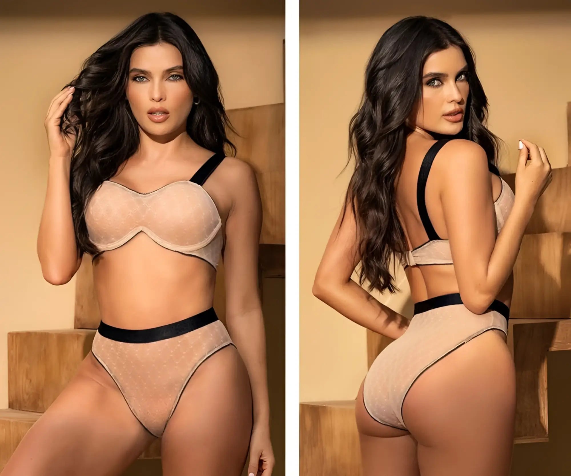 Beige lace bra and matching high-waisted briefs with black satin trim mapale 8779 two piece set nude-black