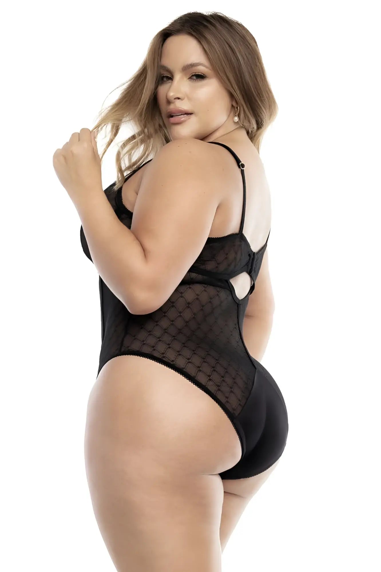 Mapale 8781X black mesh bodysuit with solid back panel and adjustable straps shown from the back side