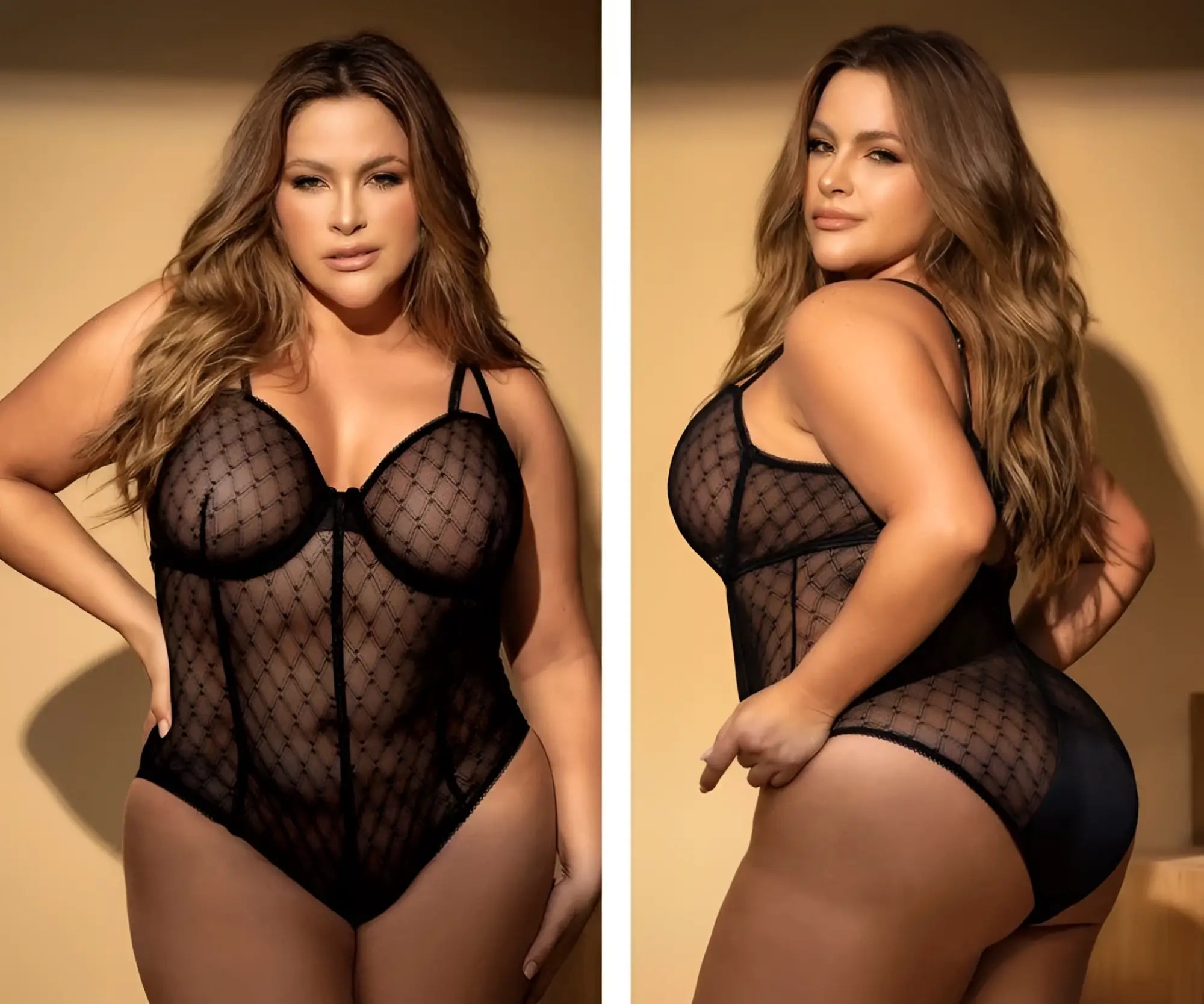 Mapale 8781X black sheer mesh bodysuit with diamond pattern design and lace trim for stylish intimate wear