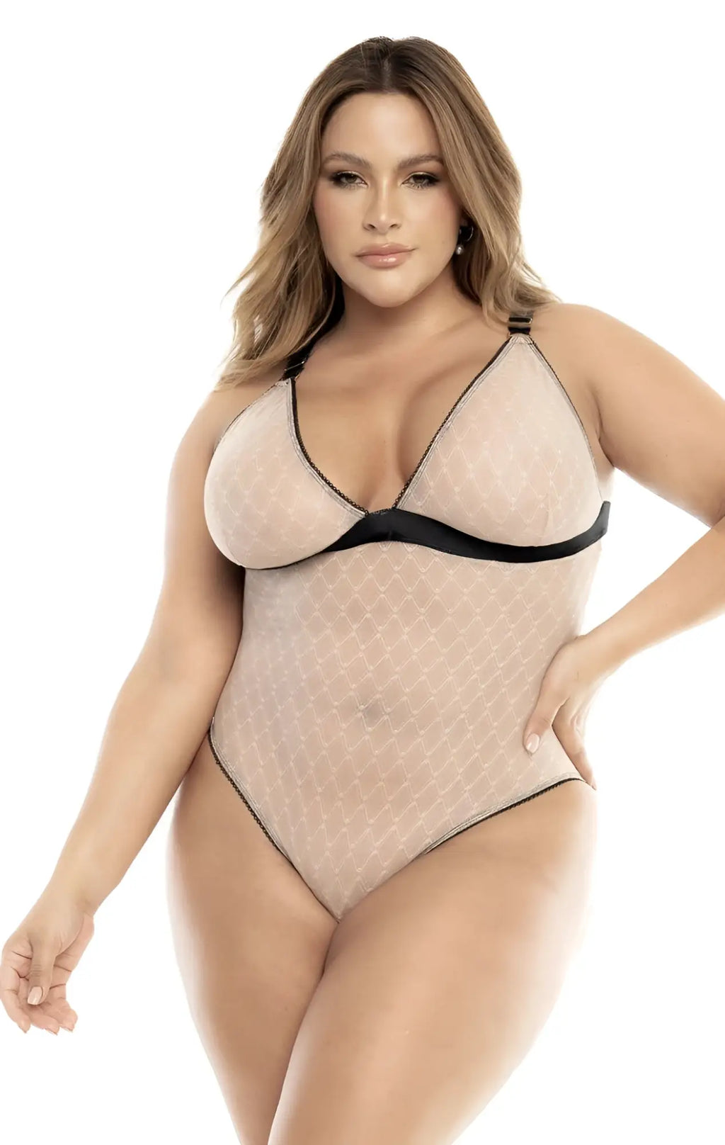 Mapale 8782X nude black sheer beige bodysuit with black trim and subtle dot pattern in sheer mesh fabric