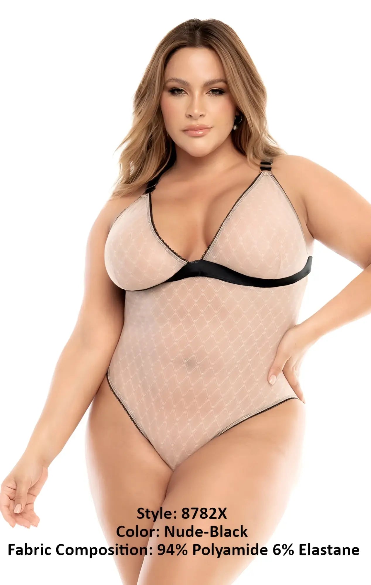 Mapale 8782X bodysuit in nude and black mesh with a subtle diamond pattern