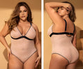 Mapale 8782X plus-size bodysuit in sheer light pink mesh with dot pattern and black satin trim in nude-black color