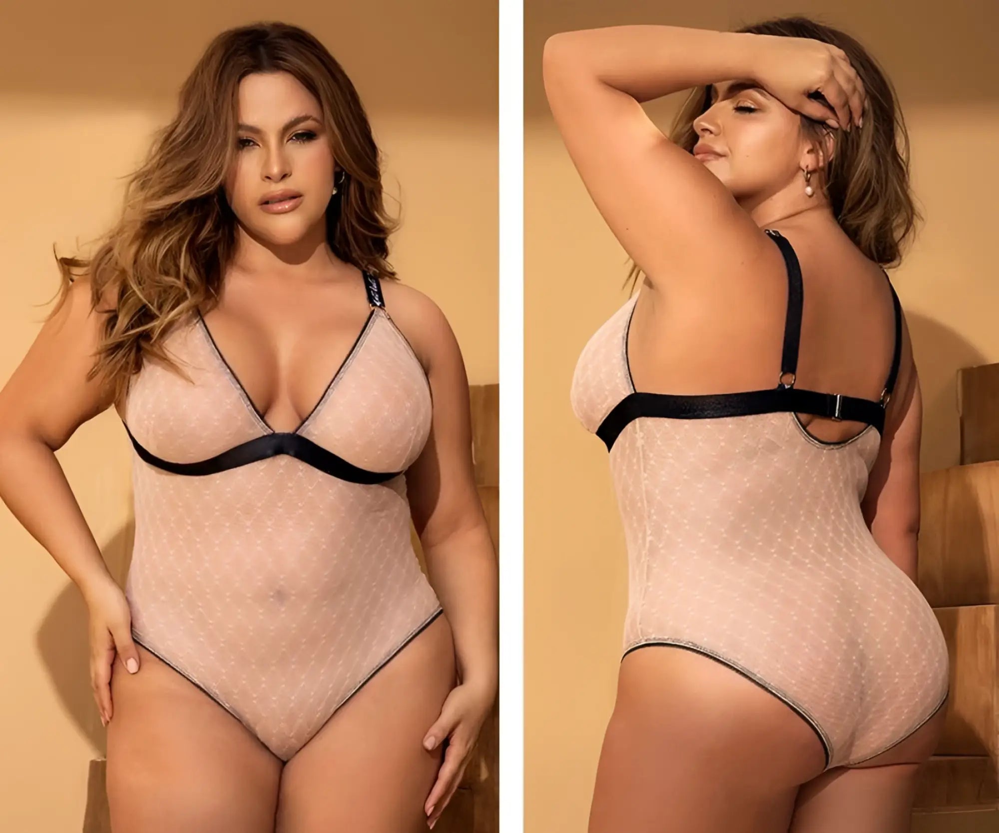 Mapale 8782X plus-size bodysuit in sheer light pink mesh with dot pattern and black satin trim in nude-black color