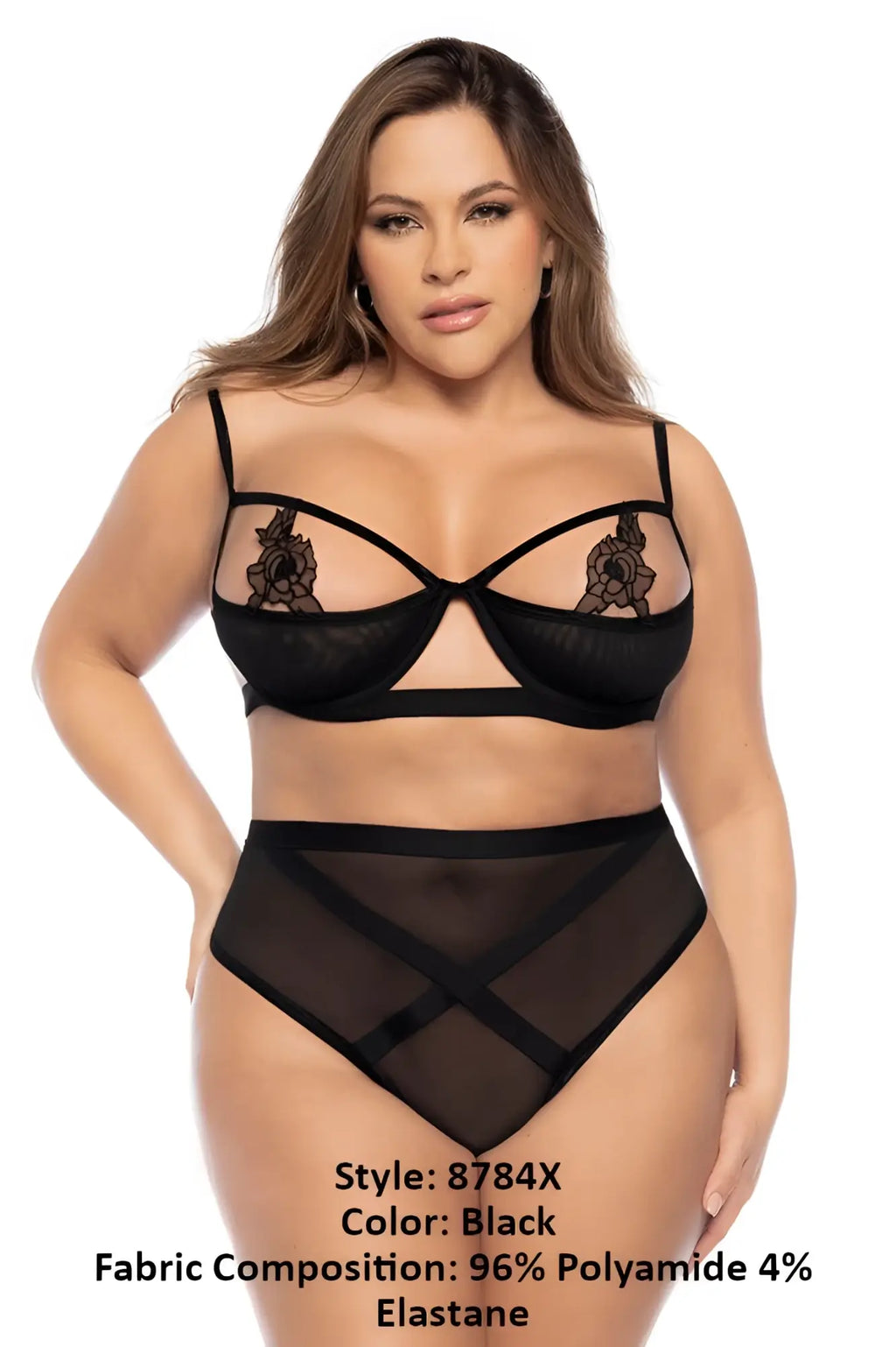 Mapale 8784X black two piece lingerie set featuring sheer mesh and intricate floral lace embroidery
