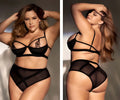 Mapale 8784X black two piece lingerie set with lace mesh fabric crisscross straps and floral appliqué on the bust