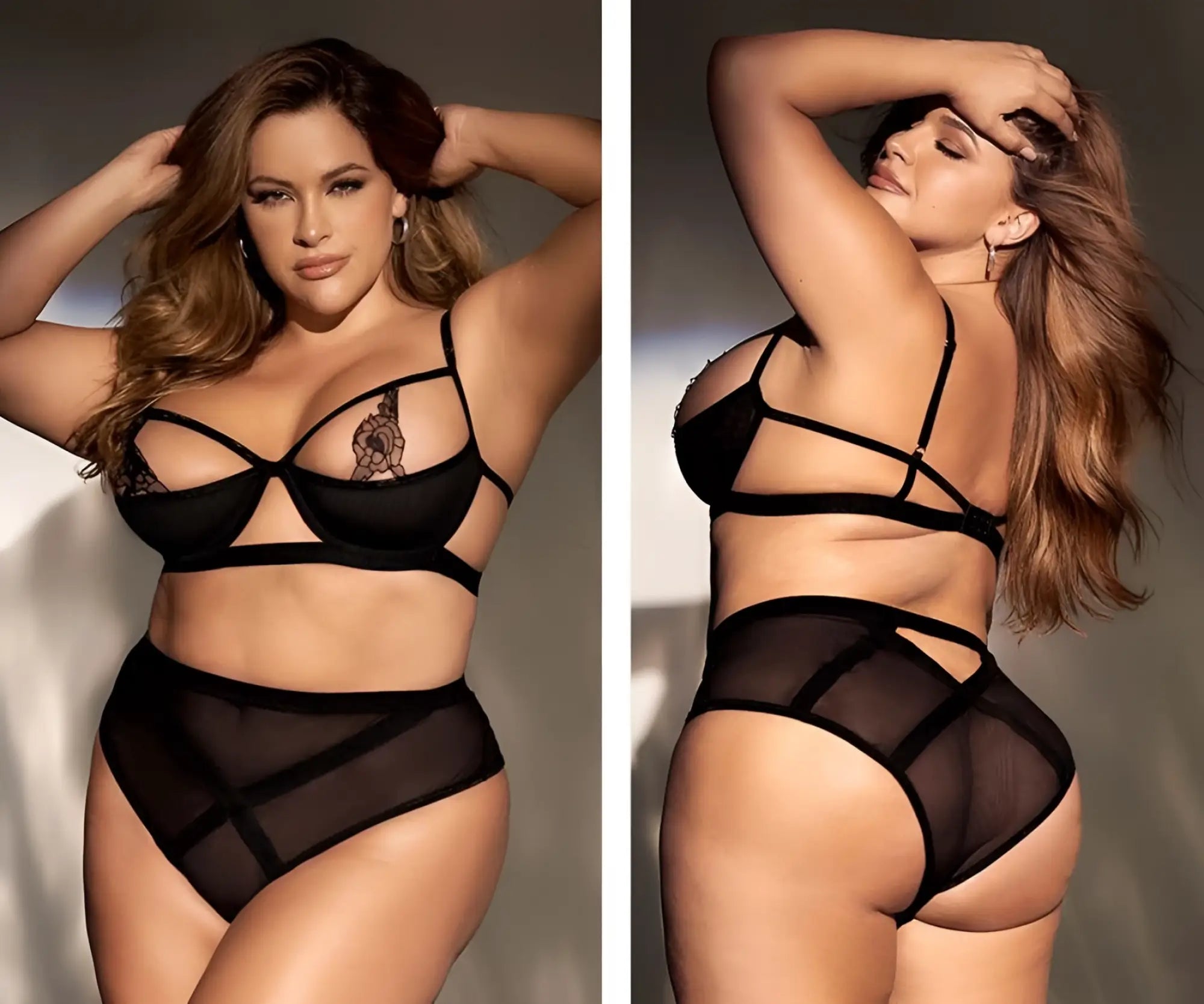 Mapale 8784X black two piece lingerie set with lace mesh fabric crisscross straps and floral appliqué on the bust