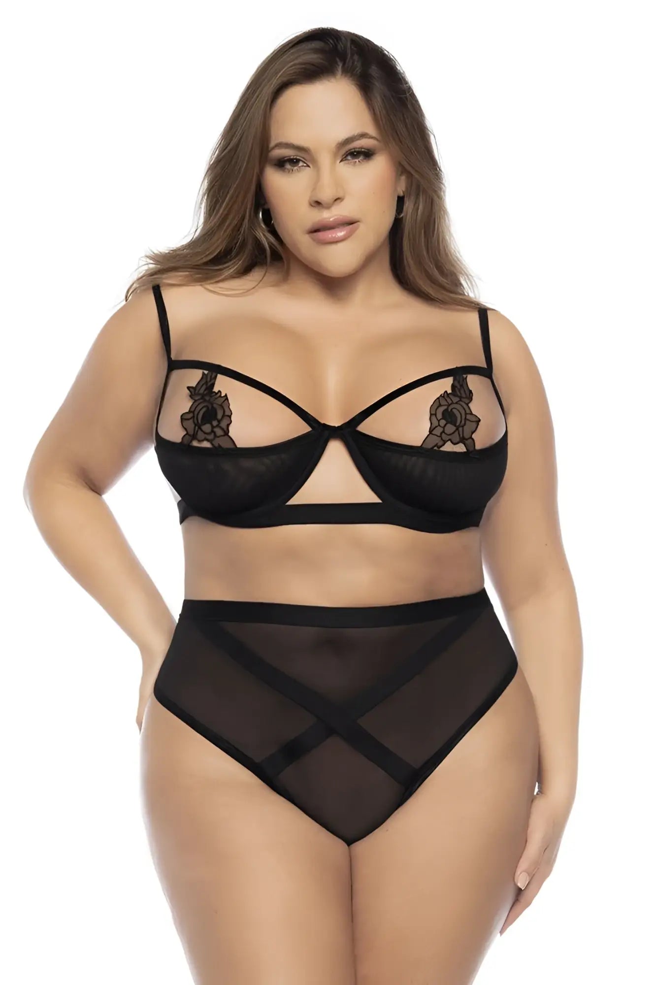Black sheer lace lingerie set with floral embroidery on bra cups and crisscross design on high-waisted bottoms by mapale