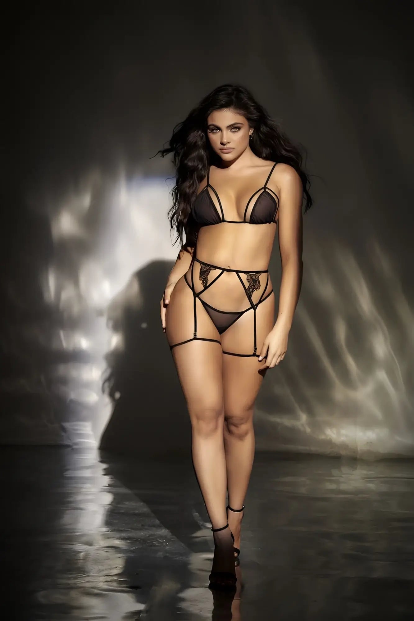Mapale 8785 three piece set black lace lingerie with intricate floral detailing and strappy form-fitting design