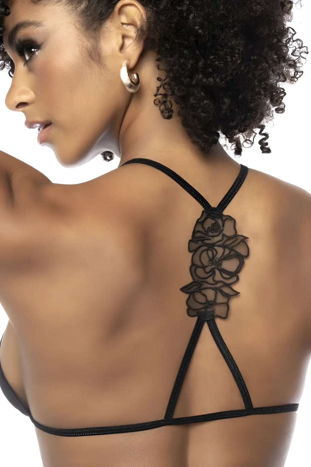 Black lace floral back strap bra with delicate rose detailing from mapale 8786 three piece set shown from the back