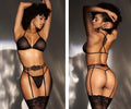 Mapale 8786 black three piece lingerie set with sheer lace trim floral detailing and adjustable straps