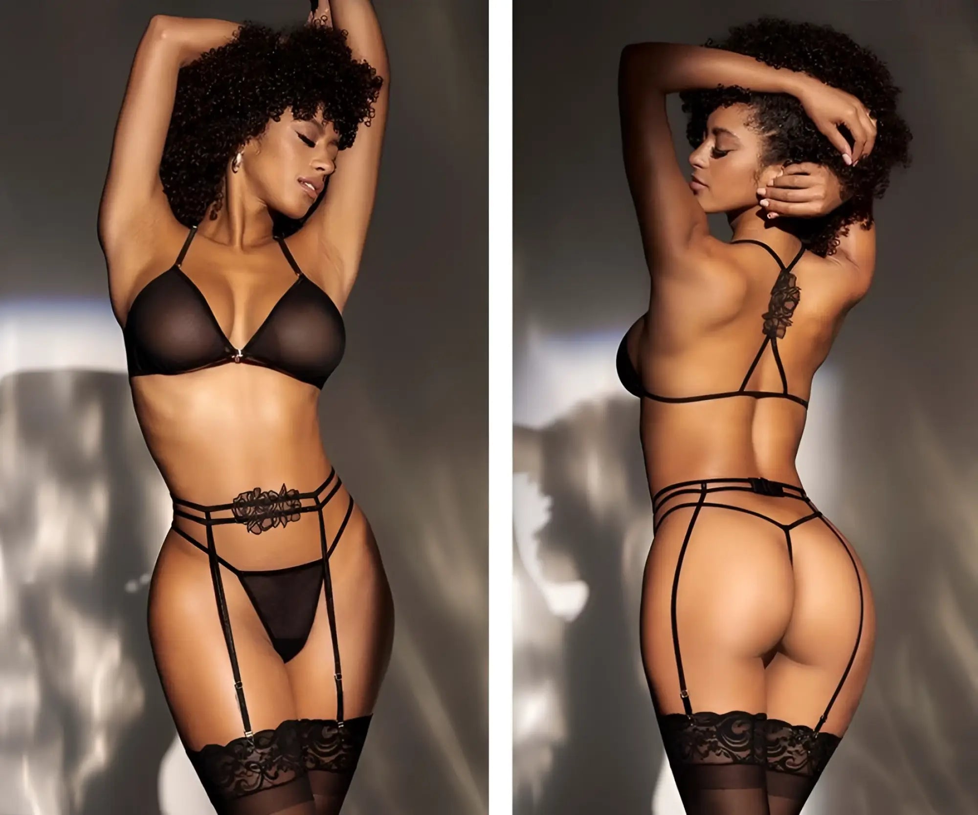 Mapale 8786 black three piece lingerie set with sheer lace trim floral detailing and adjustable straps