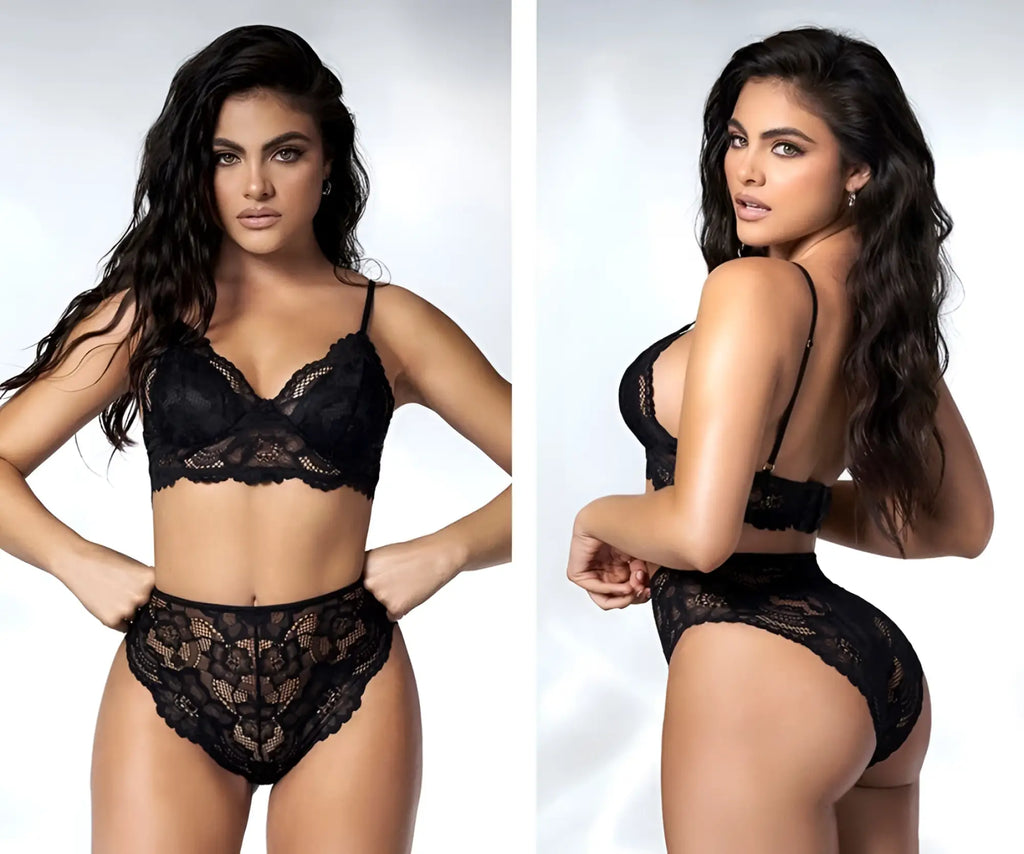 Black lace lingerie two piece set with intricate floral patterns and thin spaghetti straps by mapale 8796 in black