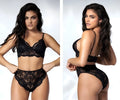 Black lace lingerie two piece set with intricate floral patterns and thin spaghetti straps by mapale 8796 in black
