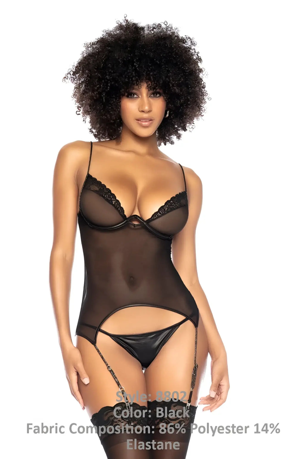 Black sheer bodysuit with lace trim and matching garter belt from mapale 8802 two piece set in black