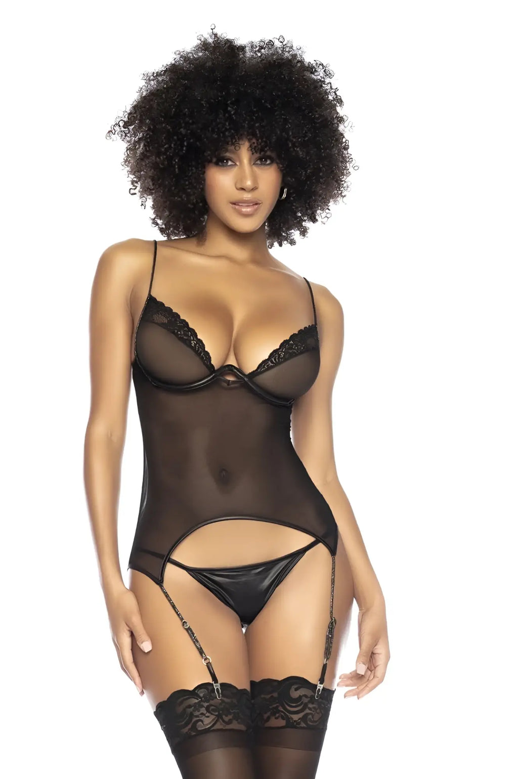 Black Mapale 8802 two piece set with sheer lace trim bodysuit and adjustable strap leather thong