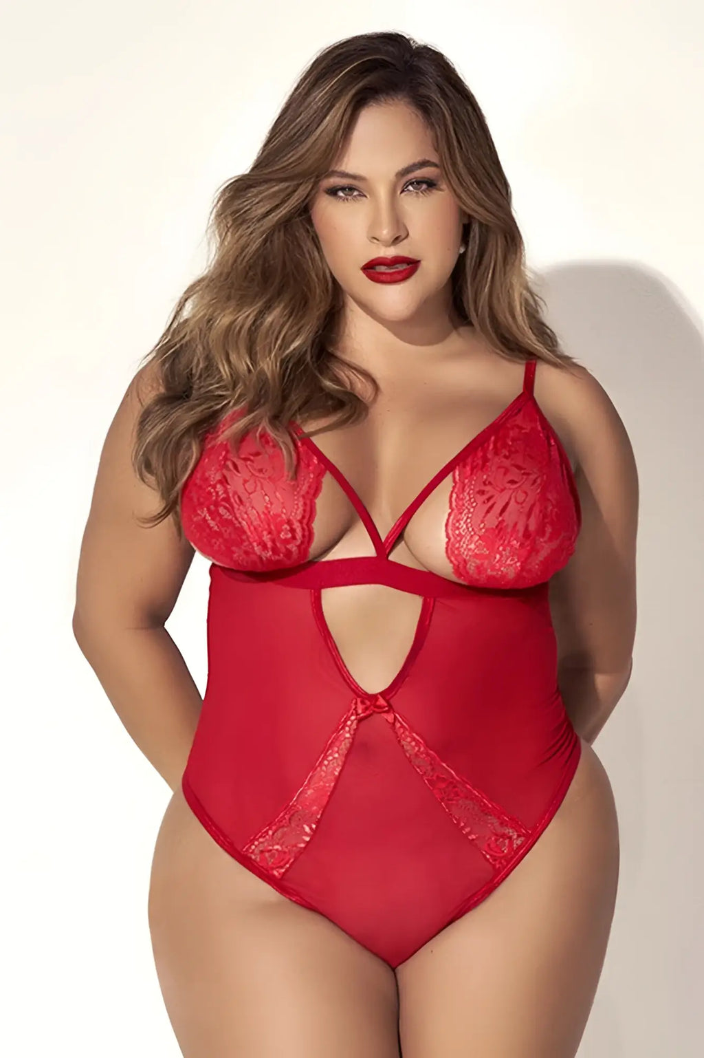 Red lace Mapale 8814X teddy with sheer mesh panels and intricate floral embroidery in vibrant red color