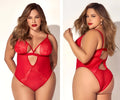 Red lace Mapale 8814X teddy bodysuit with sheer mesh panels and cutout details in vibrant red color