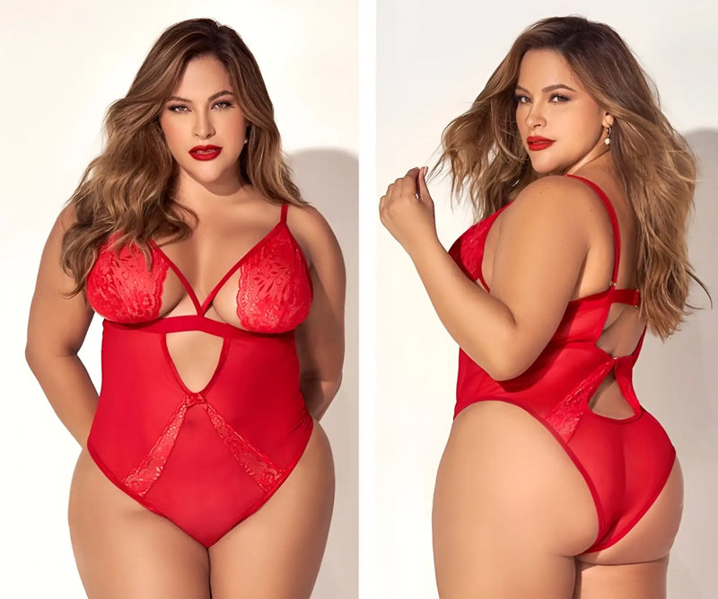 Red lace Mapale 8814X teddy bodysuit with sheer mesh panels and cutout details in vibrant red color