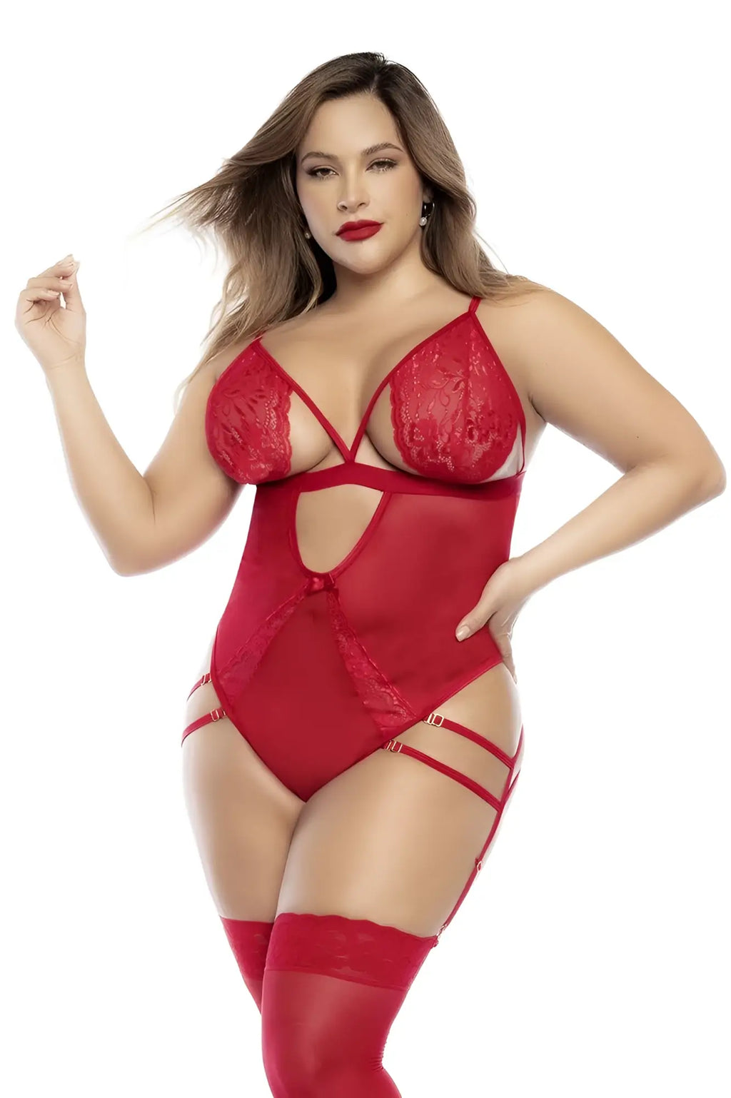 Red lace and mesh teddy with adjustable straps and thigh ties by mapale in vibrant red color