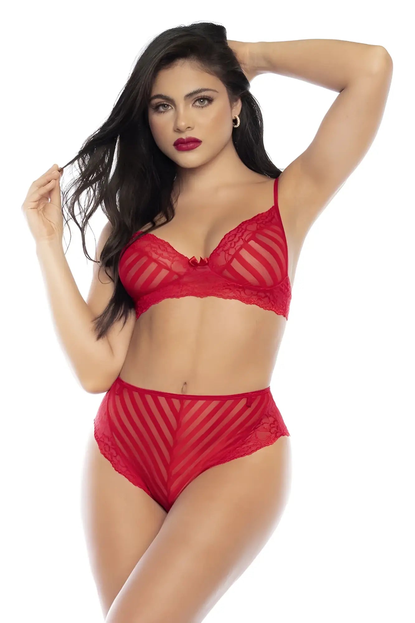 Red lace bra and matching high-waisted panties with diagonal sheer mesh panels from mapale 8815 two piece set in red