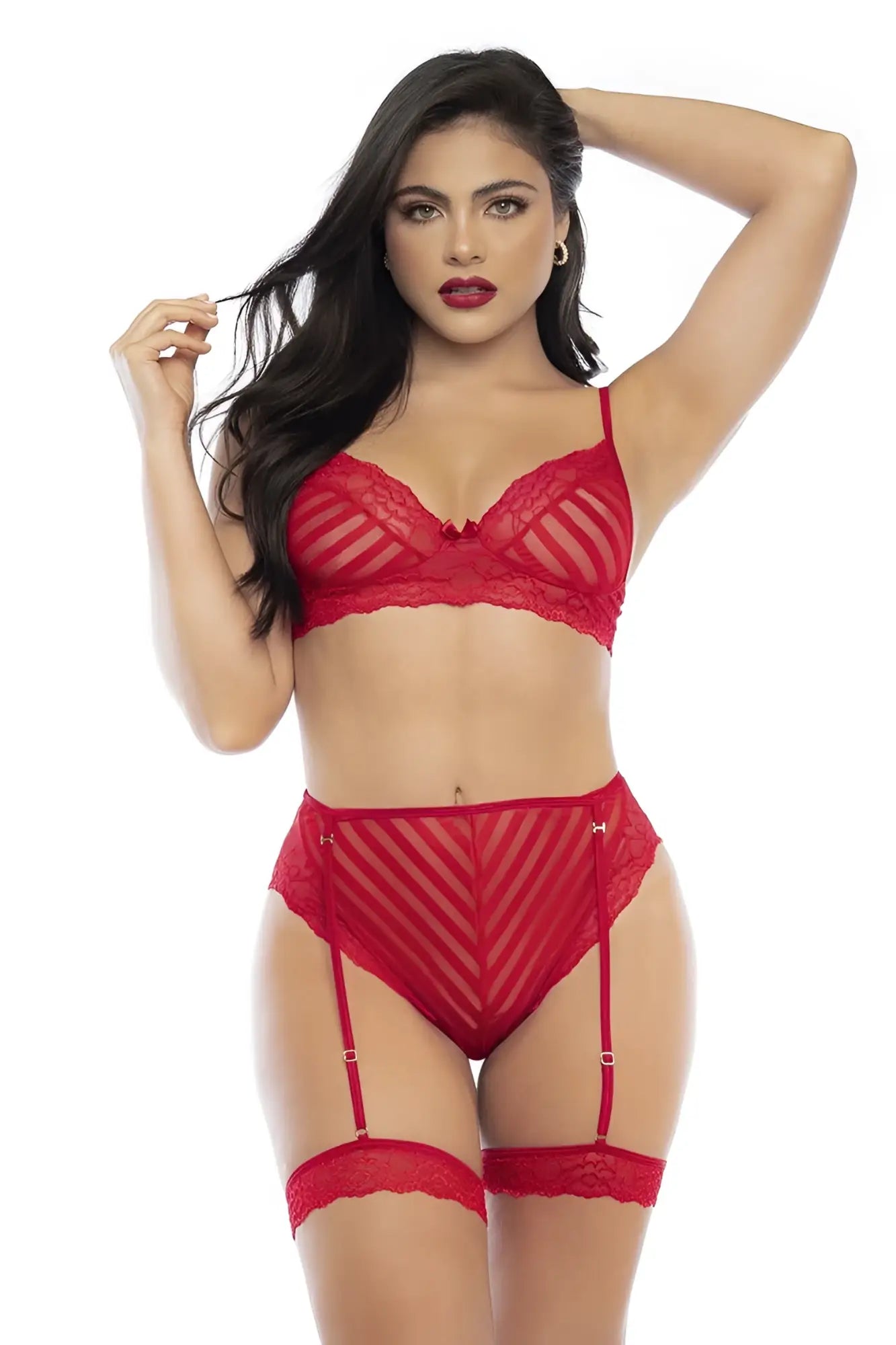 Red lace lingerie two piece set by mapale featuring sheer mesh panels and garter straps in vibrant red