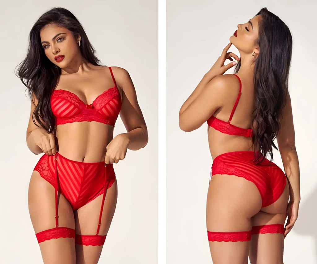 Red lace lingerie two piece set with striped pattern and matching garter belt by mapale in red color