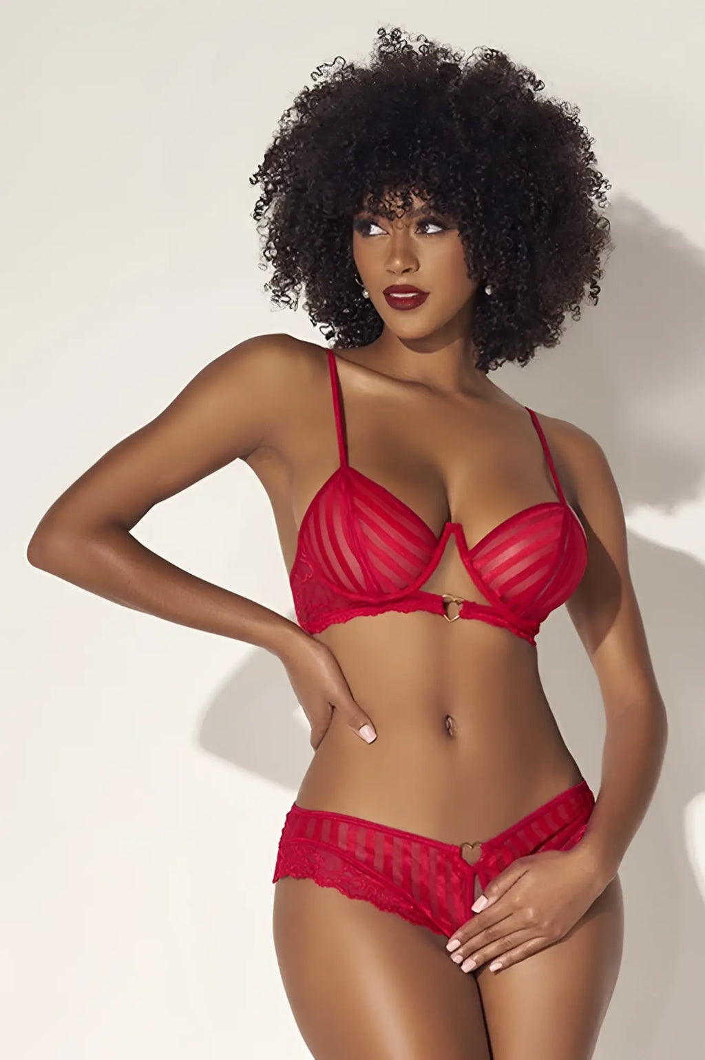 Red lace bra and matching panties set with thin straps and heart-shaped metal clasp from mapale 8816 in red