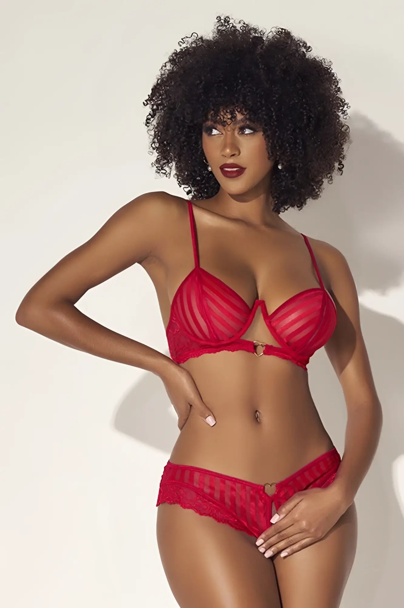 Red lace bra and matching panties set with thin straps and heart-shaped metal clasp from mapale 8816 in red