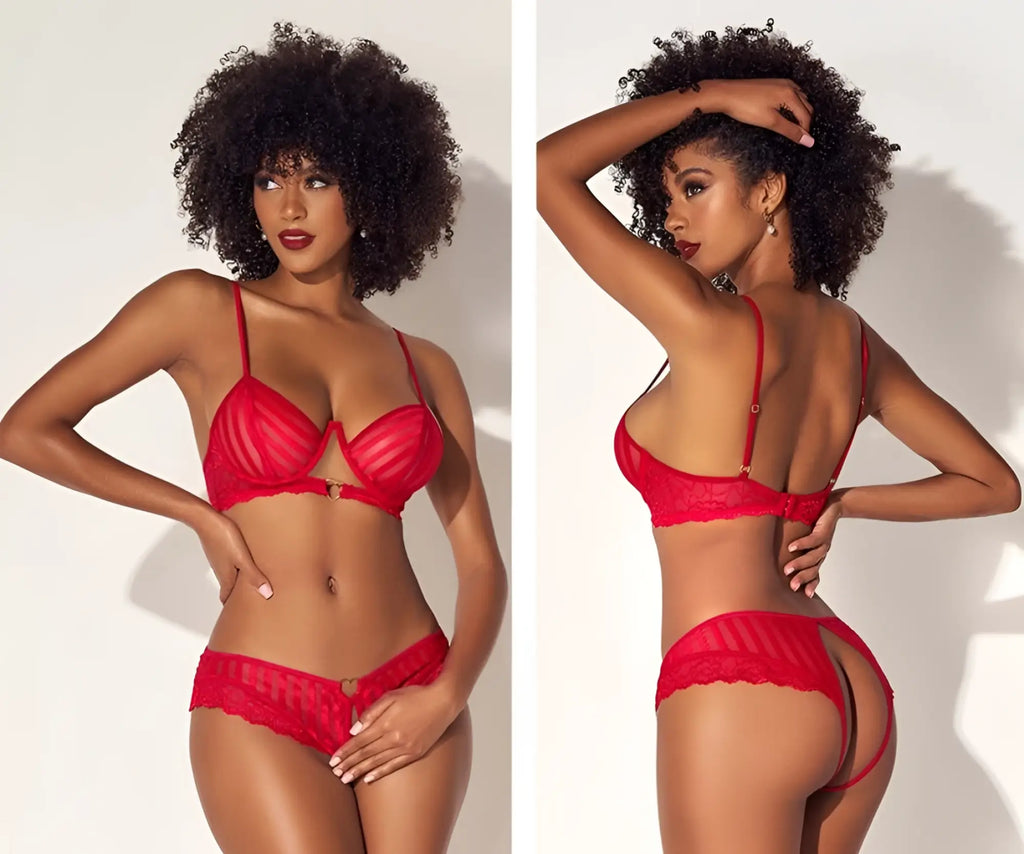 Red lace lingerie two piece set by Mapale featuring a bra with thin straps and matching thong with floral patterns