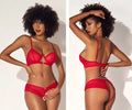 Red lace lingerie two piece set by Mapale featuring a bra with thin straps and matching thong with floral patterns