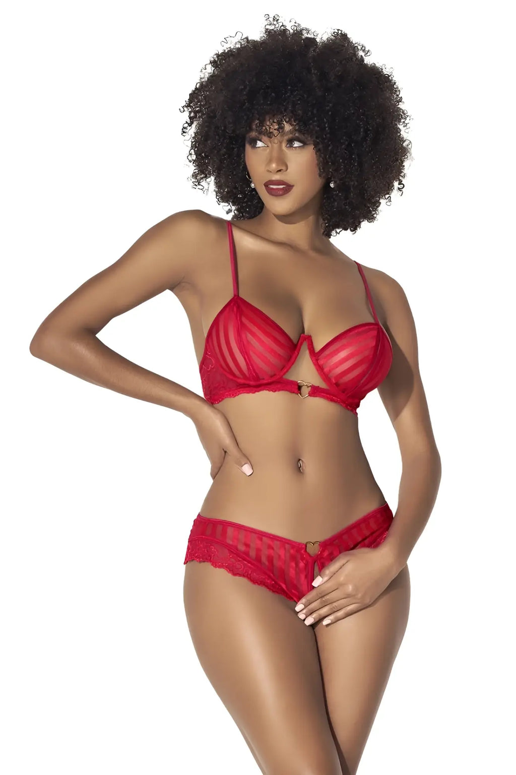 Red lace lingerie two piece set by mapale 8816 featuring thin straps and a central metallic clasp in red