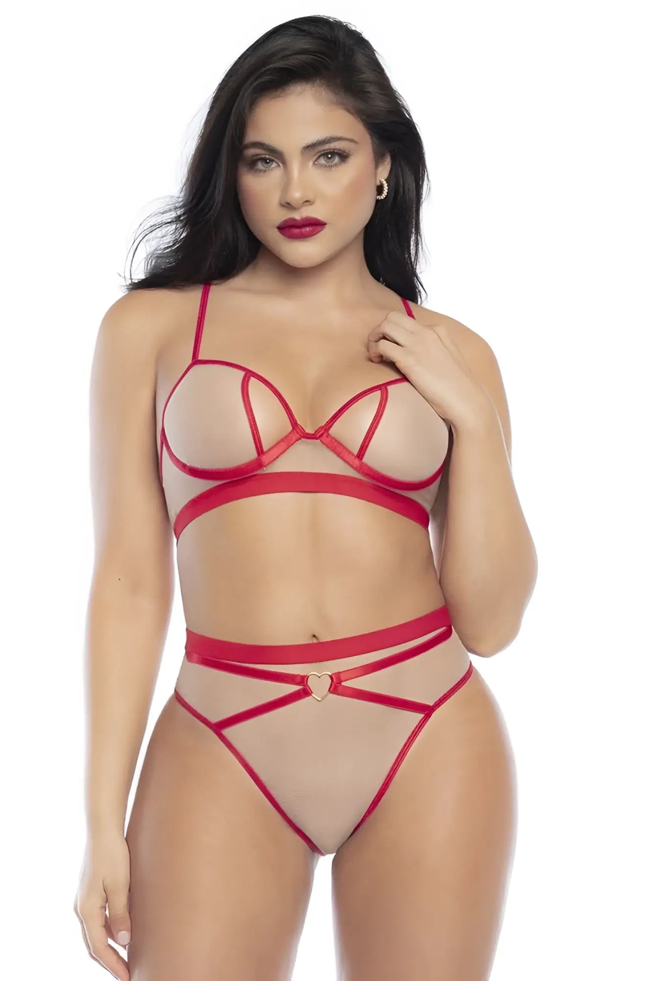 Red lace lingerie two piece set with sheer mesh panels and heart-shaped clasp in nude-red by mapale 8820