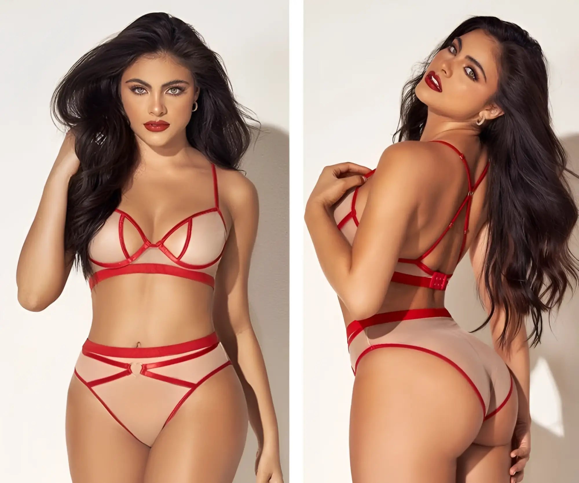 Mapale 8820 two piece lingerie set in nude red with red lace, sheer mesh panels, and bold red straps
