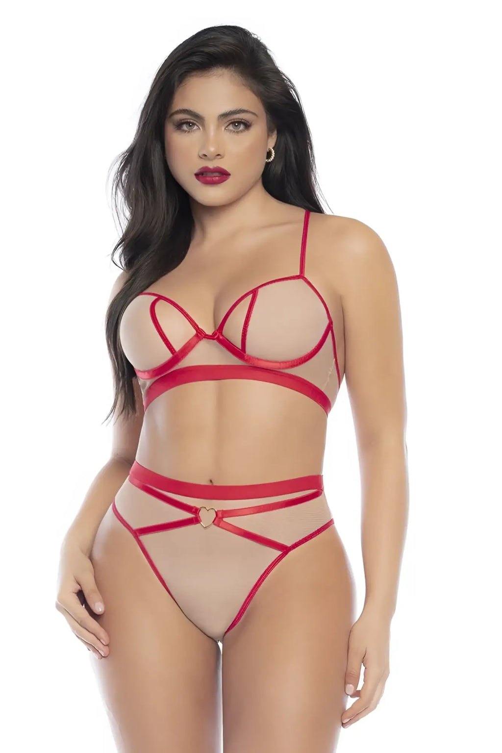 Mapale 8820 two piece sheer mesh lingerie set in nude red with a heart-shaped clasp at the waistband