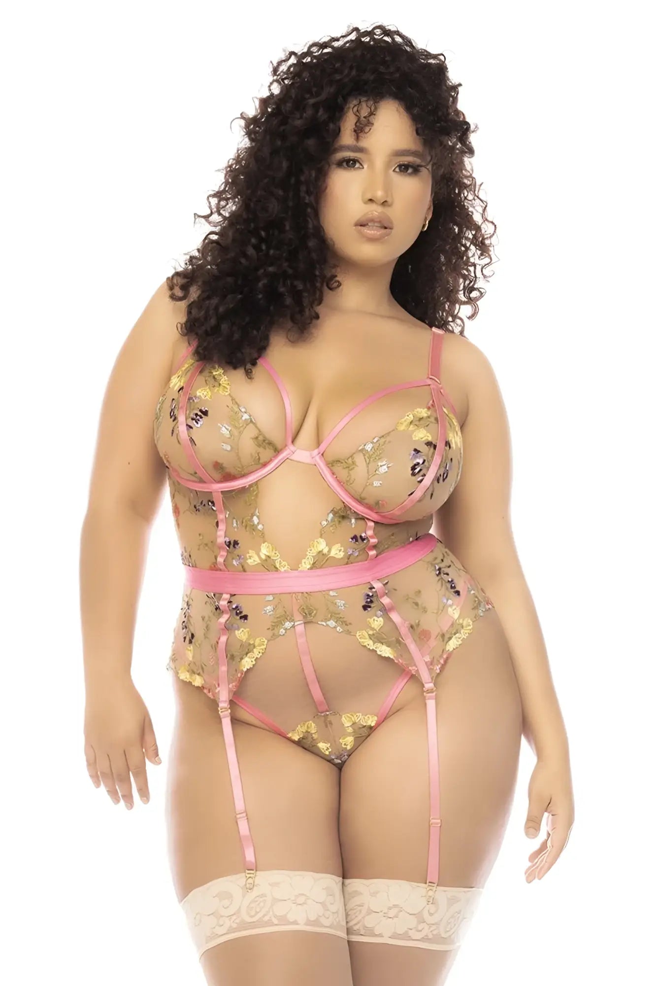 Pink and gold floral lace lingerie set with matching suspenders from mapale 8821x sydney bodysuit pink garden