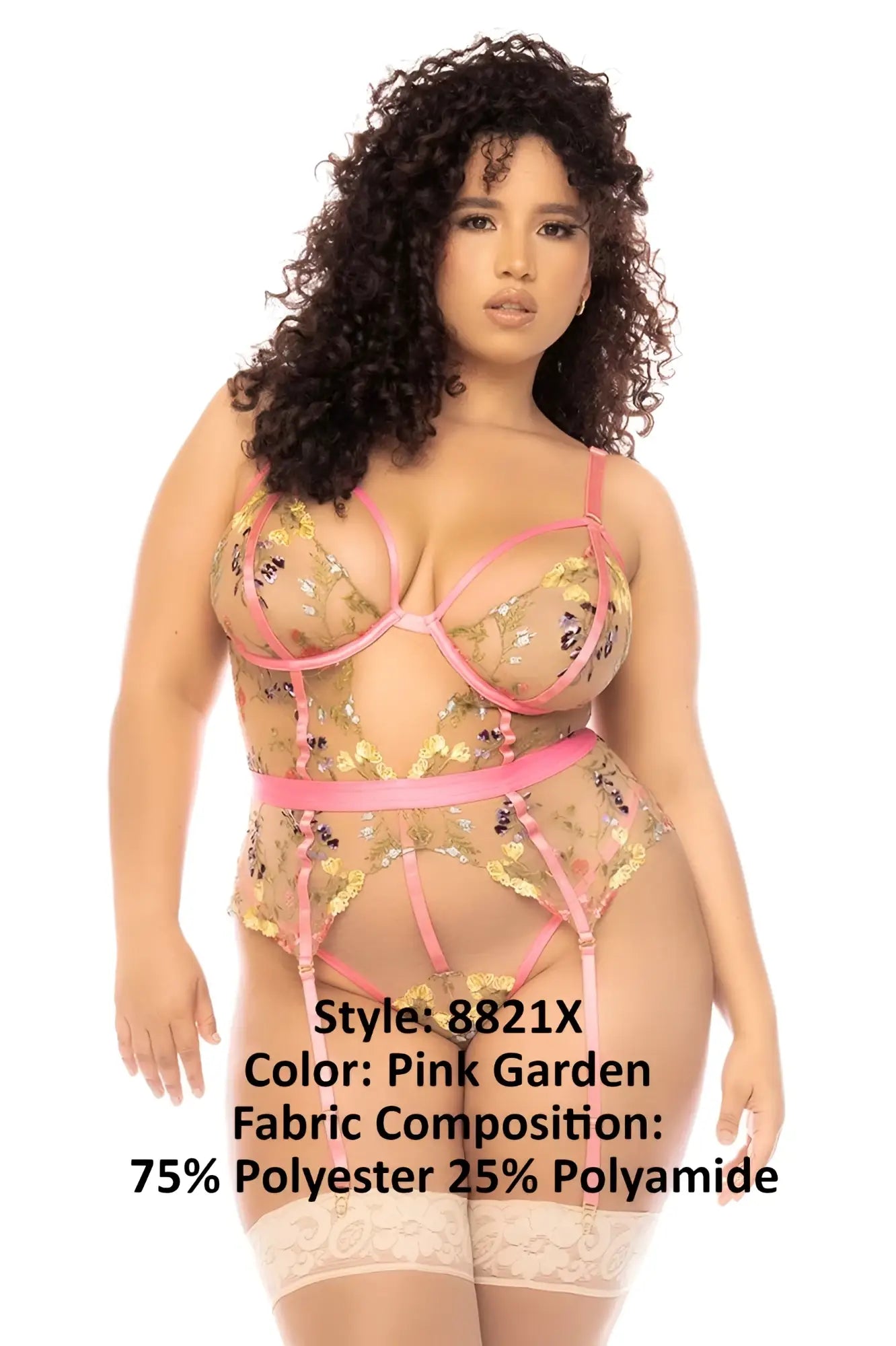 Mapale 8821X Sydney bodysuit pink garden sheer mesh fabric gold floral embroidery pink satin straps lingerie set