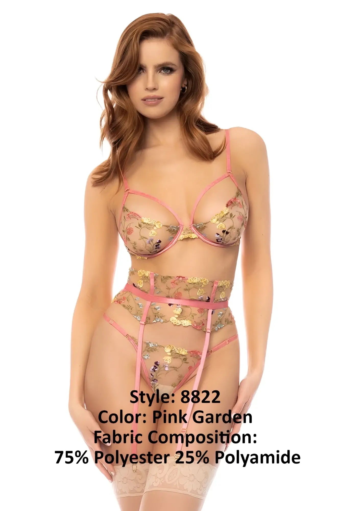 Pink garden lace lingerie three piece set with floral embroidery and sheer mesh detailing by mapale 8822 winona