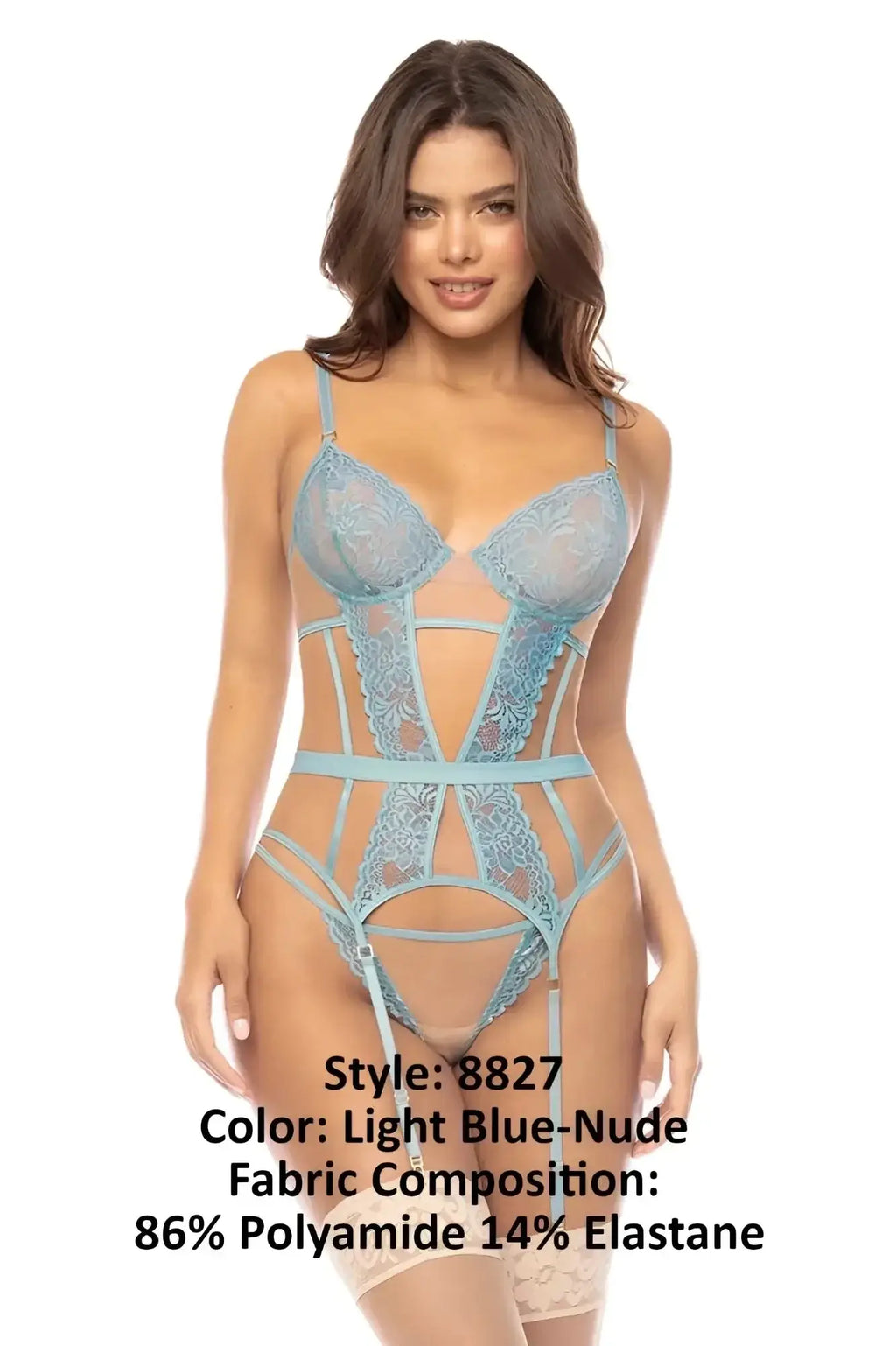 Light blue-nude lace bodysuit with sheer panels and intricate embroidery in the mapale 8827 danna two piece set