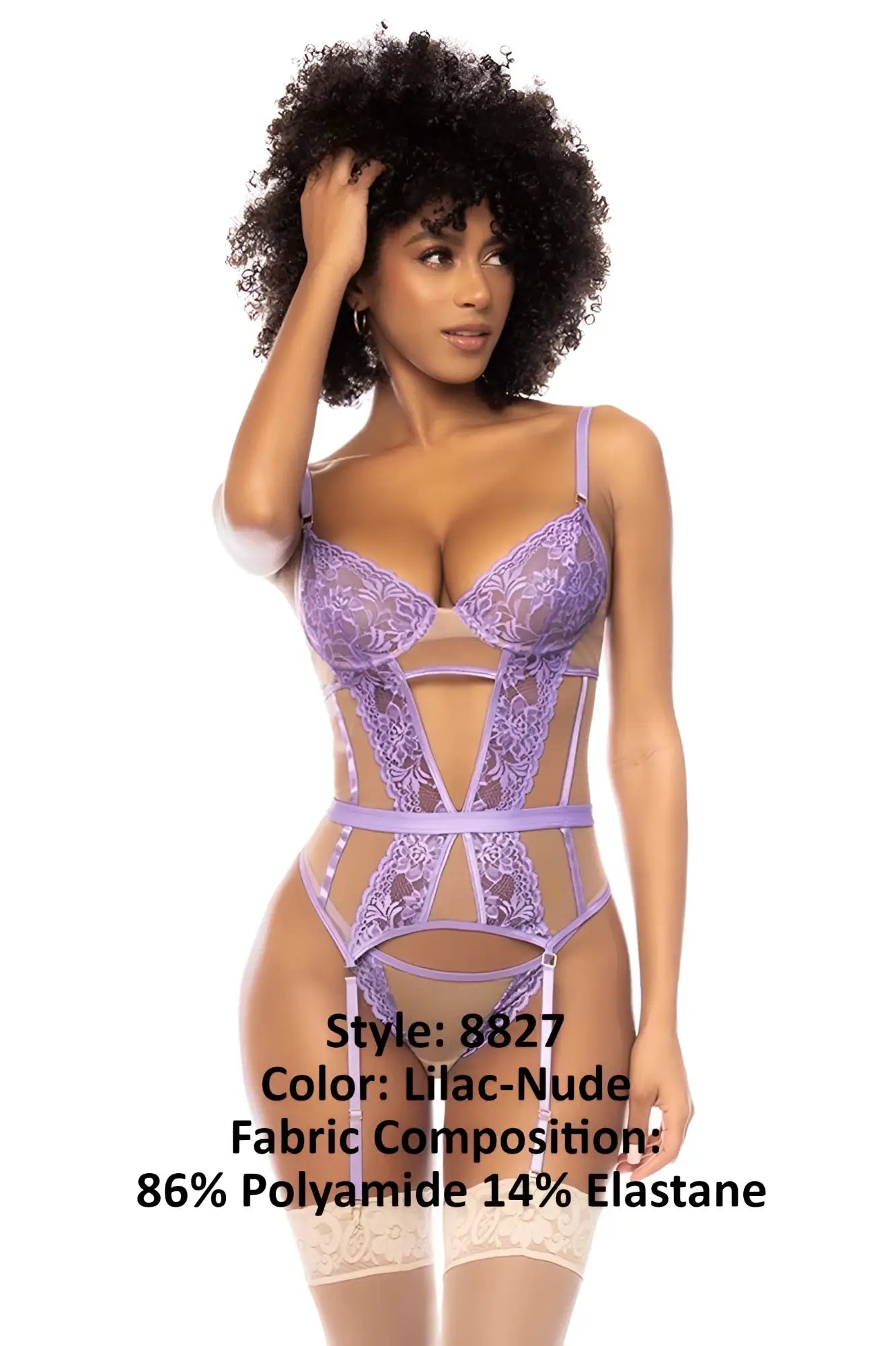 Lilac-nude lace lingerie set with sheer mesh panels and adjustable straps by Mapale 8827 Danna two piece set