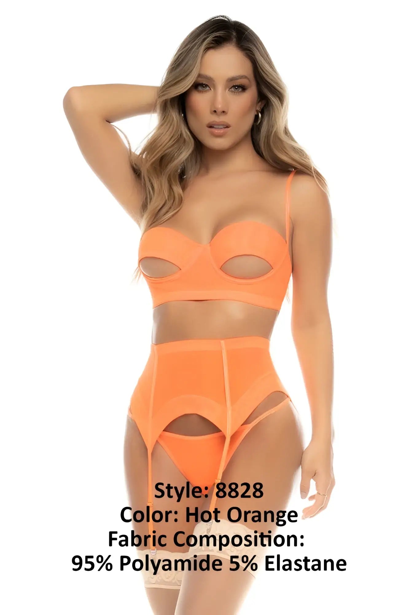 Hot orange lingerie set by mapale featuring a bra with cutout details and matching high-waisted garter belt