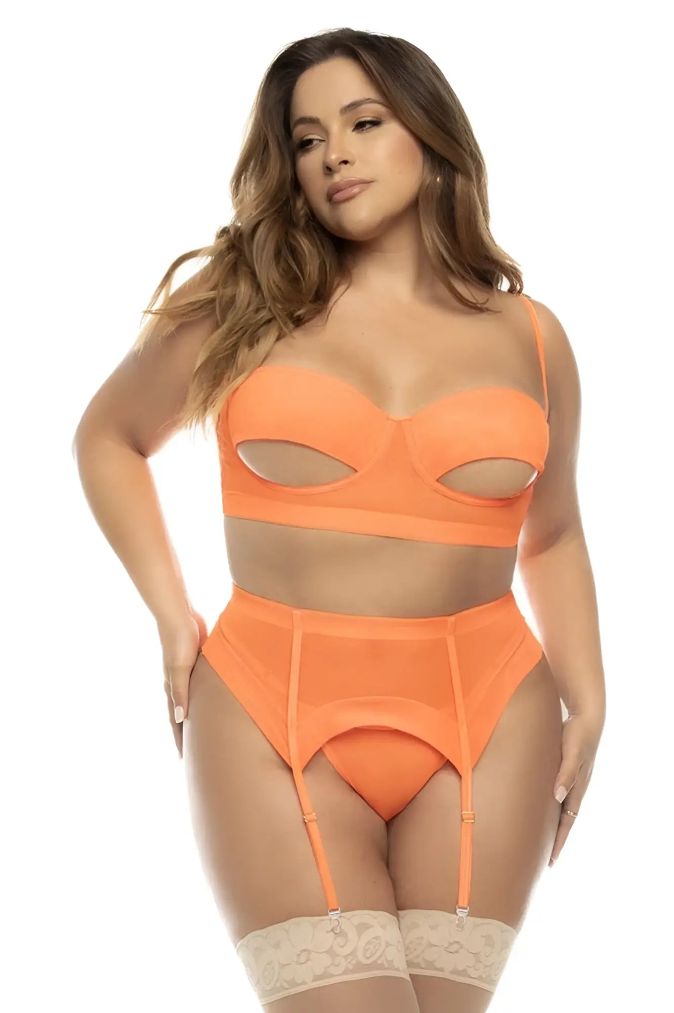 Orange sheer lingerie set with cutout details and lace trim in Mapale 8828X Sasha three piece plus size set